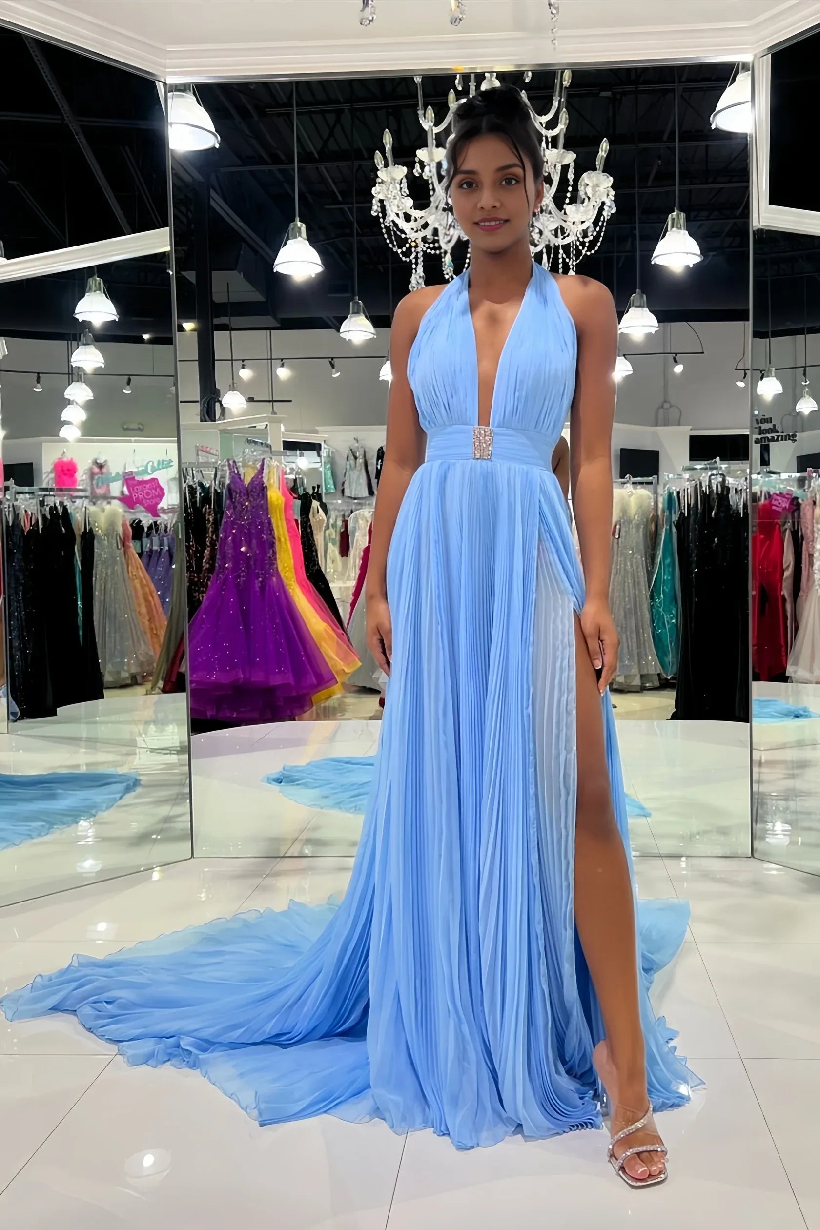 Sky Blue Halter Evening Prom Dresses V-Neck Sleeveless Train With Slit